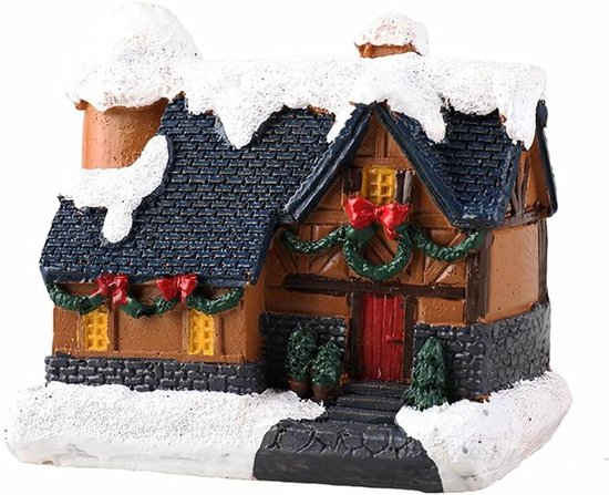 TheLau - Kerstdorp met verlichting en led-kerstlantaarn voor decoratie - Op batterijen - Amerikaanse kerstdecoratie - Miniaturen - Huizen en bureaudecoratie - Hars ornamenten