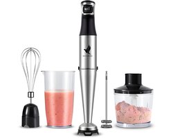 NovaWare Staafmixer 6-in-1 Set – 1100W - Hand Blender - Met Hakmolen, Garde, Melkopschuimer & Maatbeker – RVS