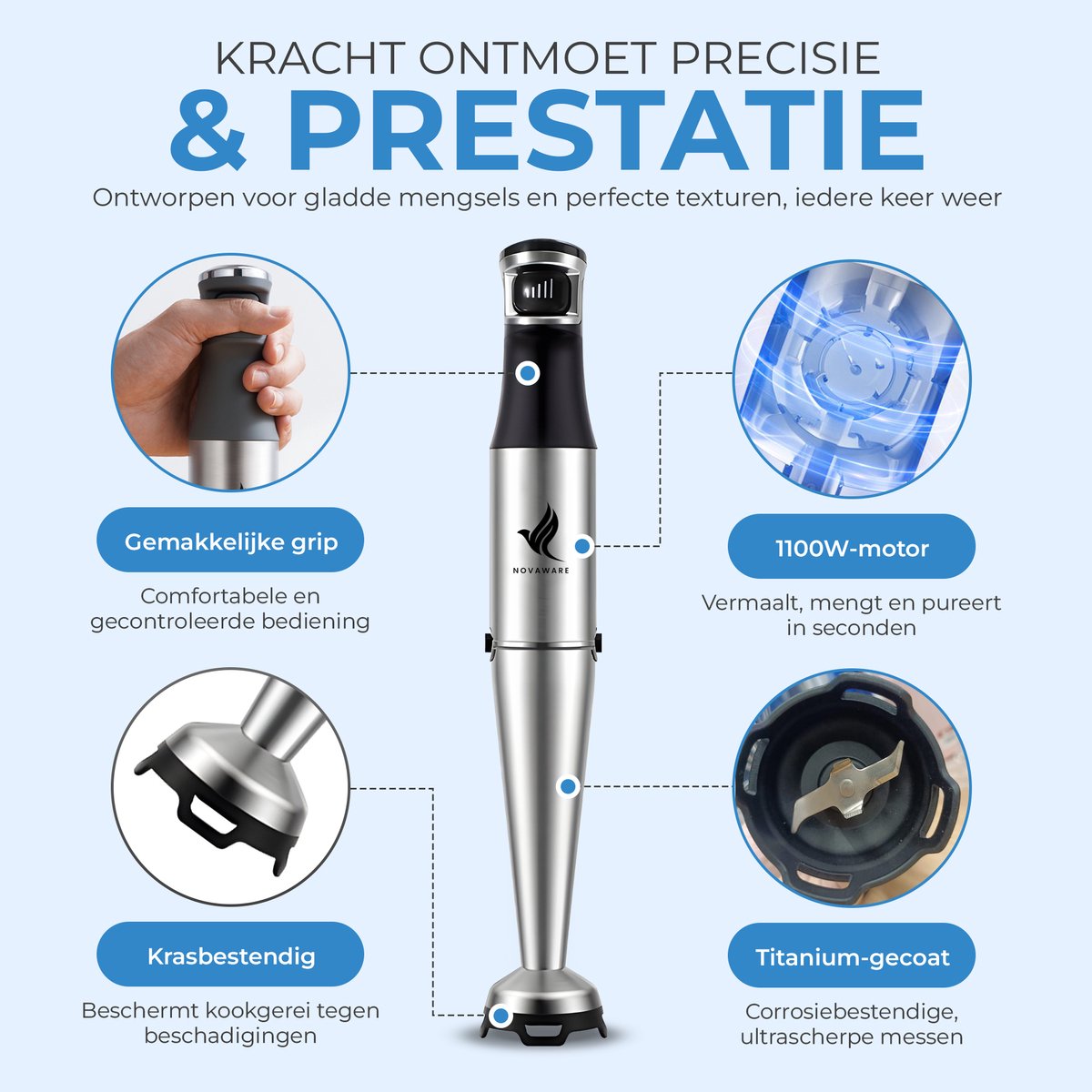 NovaWare Staafmixer 6-in-1 Set – 1100W - Hand Blender - Met Hakmolen, Garde, Melkopschuimer & Maatbeker – RVS – foto 6