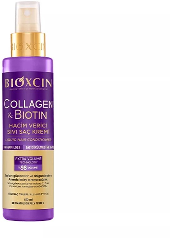 Bioxcin Collagen & Biotin, spray met paarse fles en gouden dop. Haarcrème voor volume en tegen haaruitval. 'Extra Volume Technology 98% Volume'. 150 ml.