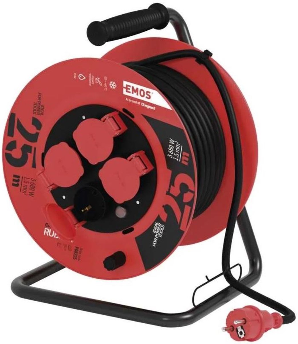 Kabelhaspel Emos H05 IP44 3x1,5qmm - 25 meter - 4 stopcontacten - Olie & Weersbestendig - Slijtvast - Rubber