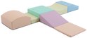 Blocs de jeu souples aux couleurs pastel, y compris un arc, une rampe, un pont et des marches, sur fond blanc.