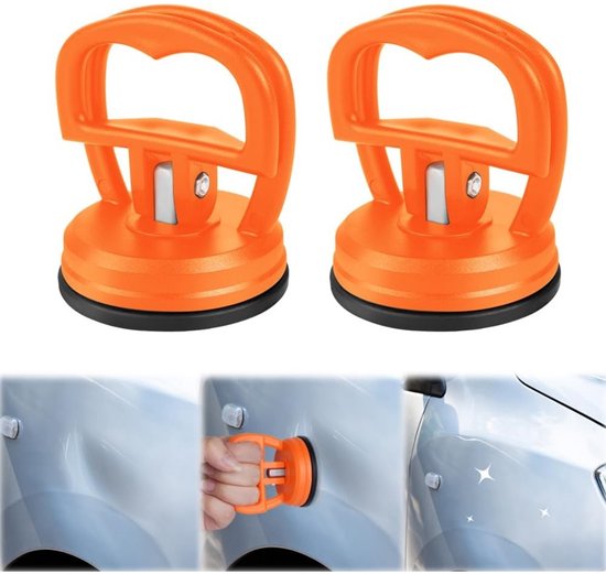 Twee oranje zuignappen, illustratie van deukreparatie op auto.
