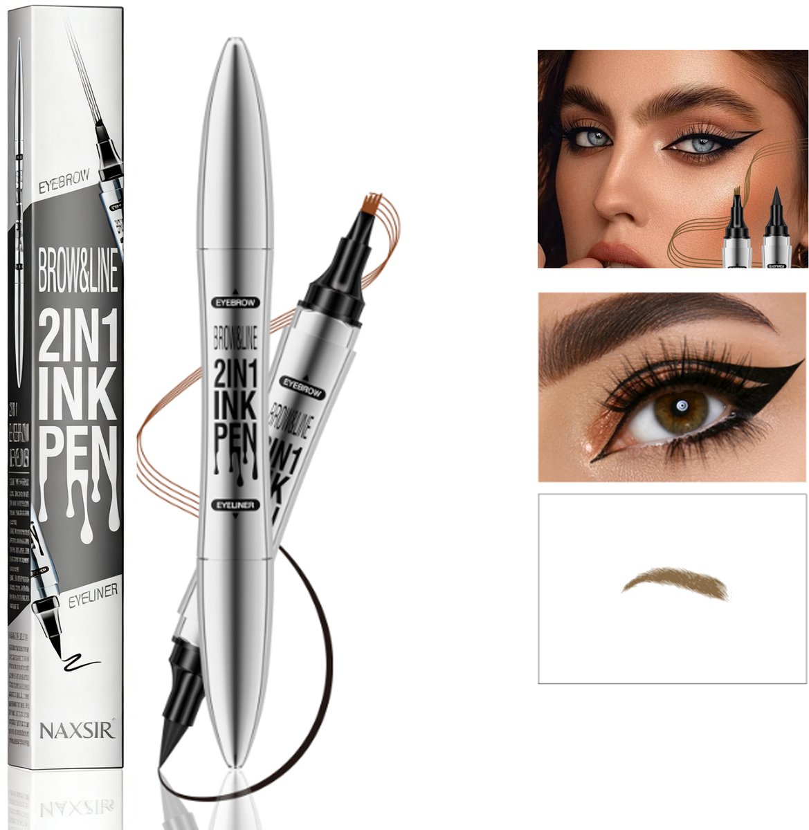 NAXSIR 2-in-1 Waterproof Eyebrow Pen & Eyeliner - Dubbele Make-up Stift - Langdurige Houdbaarheid - Donkerbruin