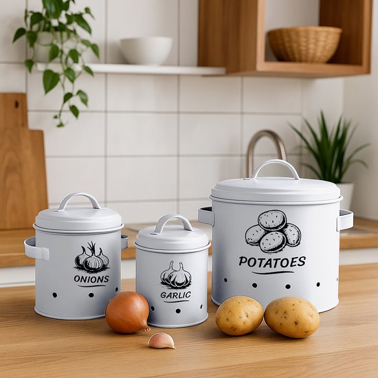 Set van drie lichtgrijze metalen voorraadpotten voor knoflook, uien en aardappelen, met afbeeldingen en tekst, op een houten aanrecht.