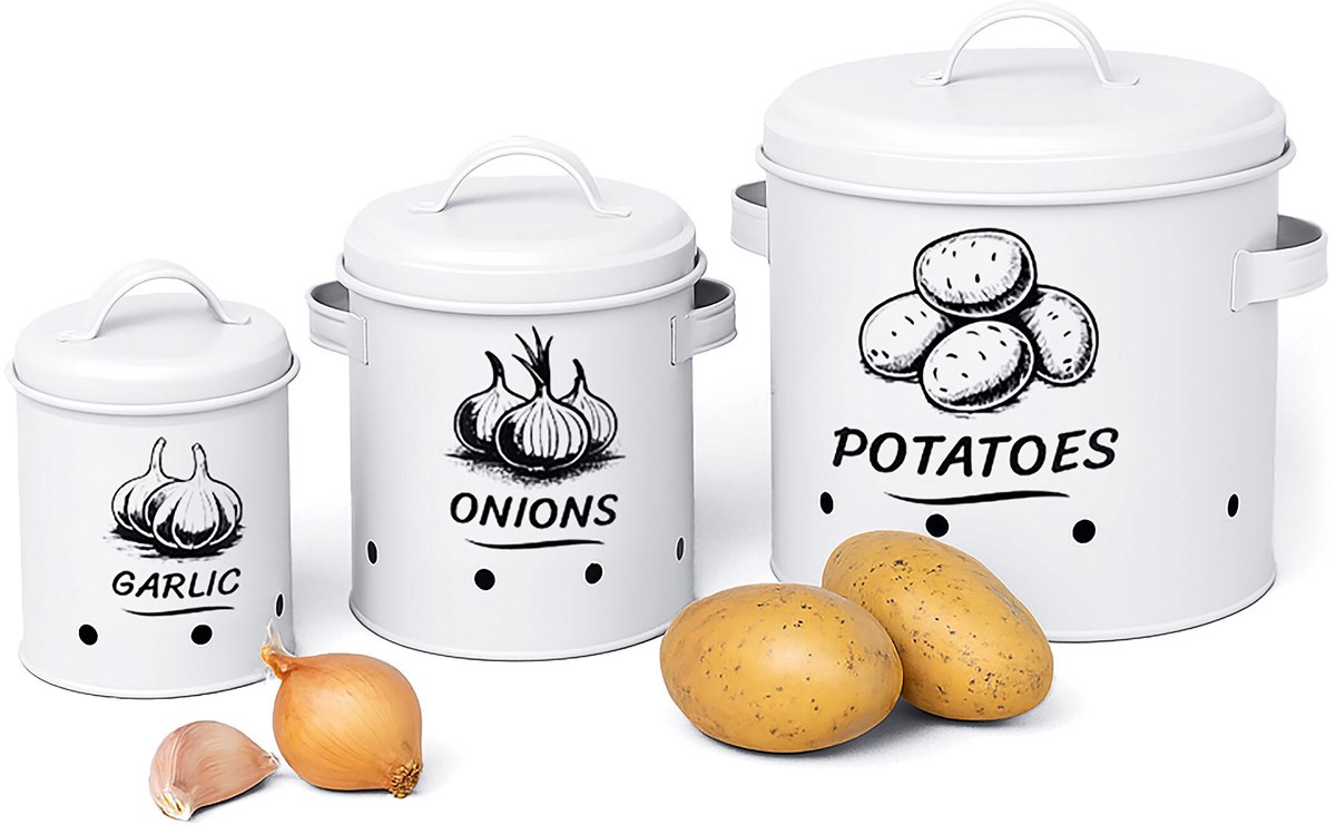 Uienpot - set van 3 - knoflookpot - metaal - wit