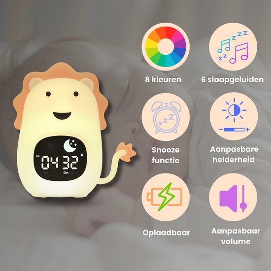 Luvonic® Slaaptrainer - Kinderwekker - Nachtlamp en Wekker - Kindvriendelijke Slaapwekker - Slaaptrainer met Led en Geluid - White Noise - 8 Verschillende Kleuren - Kind/Peuter/Kleuter - Leeuw van Luvonic — afbeelding 2