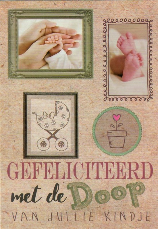 Gefeliciteerd met de doop van jullie kindje. Een bijzondere kaart met een afbeelding van een wandelwagen, baby handen en voeten. Leuk om zo te geven of om bij een cadeau te voegen. Een dubbele wenskaart inclusief envelop en in folie verpakt.