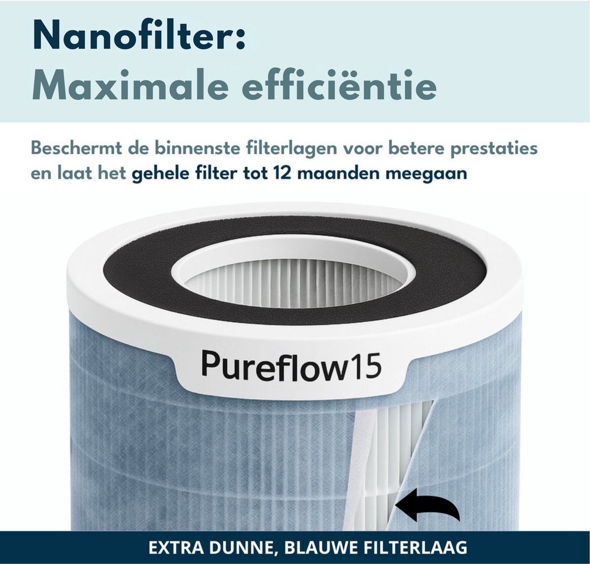 Vibrix PureFlow15 Luchtreiniger / Air Purifier – HEPA H13 + koolstoffilter – 100 m³/u – Voor kamers tot 15 m² – Ionisator – App-bediening – Zeer stil met slaapstand – Luchtkwaliteitindicator — afbeelding 3