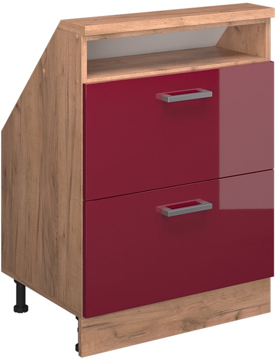 Meuble de cuisine Vicco R- Line pour mur incliné – 60 cm avec 2 tiroirs Chêne rouge brillant/doré