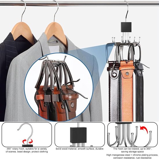 ManGotree Houten riemhangers voor kast Max 36 riemen, houten riem organizer rek met 12 draaibare haken, accessoires opberghouder voor stropdassen, sjaals, hoeden, beha, tanktops (2 stuks, natuurlijk