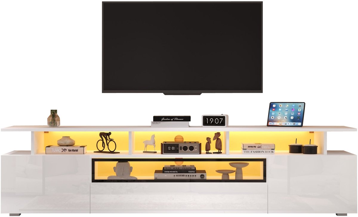 Merax TV-Meubel - TV-Kast met 2 Deuren en 1 Lade - Hoogglans Lowboard met LED Verlichting en 10 Opbergvakken - Geschikt voor TV Tot 75 Inch - 180x38x45 cm - Wit