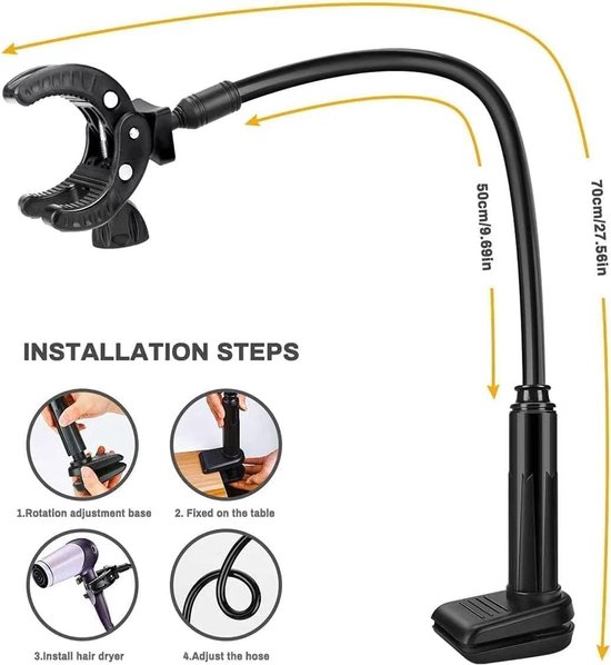 Illustratie van een flexibele fönhouder met installatiestappen.