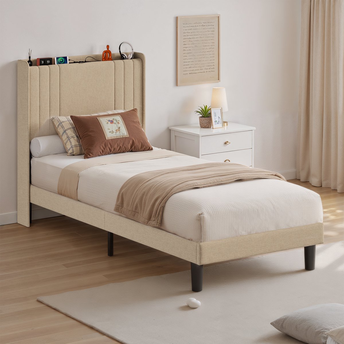 Xbro Gestoffeerd Bed 90 x 200 cm – met LED-Verlichting & USB/Type-C Oplaadpoort – Eenpersoonsbed met Hoofdbord en Lattenbodem – Beige — cadeau in Cadeau-ideeën - foto 3