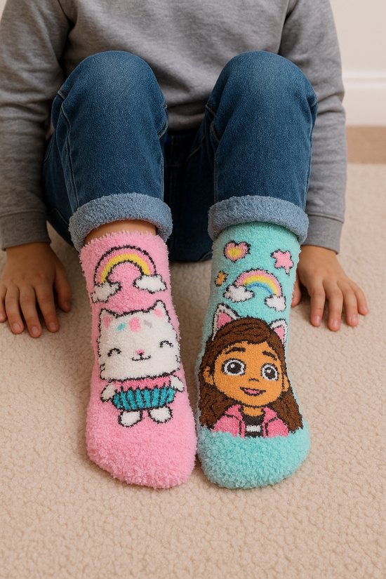Roze sok met witte kat en cupcake, blauwe sok met Gabby en regenboog.