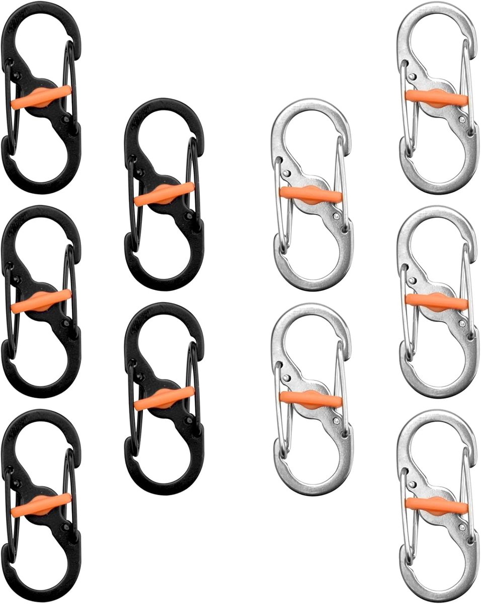 10 stuks S-vormige karabijnhaak met dubbele veer, sleutelhangerclip, S-karabijnhaken voor kamperen, geschikt voor bergbeklimmen, wandelen en fietsen, Anti-val S-gesp, sleutelhanger van roestvrij staal - Cyslmuk®