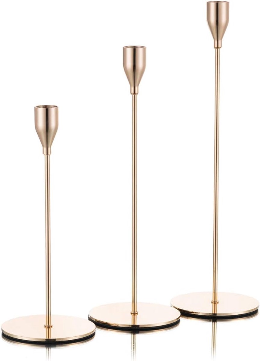 whiqutey Gouden-Kandelaar-Kaarsen-Set-3-Stuks-Messing-Goud-Hoge-Kaarsen-Vintage-Modern-Decoratief-Centraal-Bruiloft-Diner-Party-Tafel