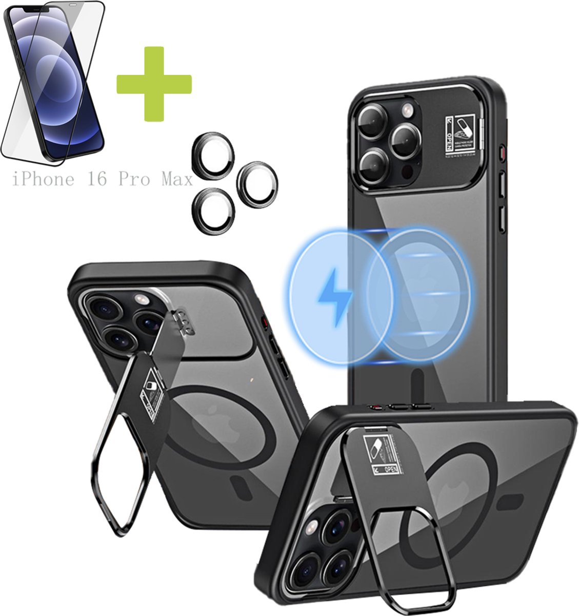 Hoesje voor iPhone 16 Pro Max met Standaard, Compatibel met MagSafe, Acryl + TPU Case, Hoes ingebouwde Stash Stand-telefoonhoes, Ultradun-Zwart
