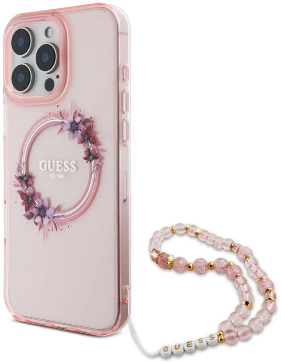 Guess Back cover voor iPhone 16 Pro Max - Roze - MagSafe-compatibel - Bloemkrans Design