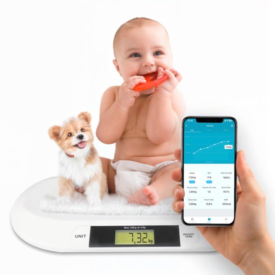 Slimme Baby Weegschaal XL met App - 0.01 KG - Dierenweegschaal tot 20KG - Digitaal - Antislip - Baby Spullen - Babyshower - Silvergear