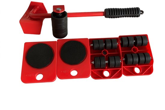 Rode meubelroller set met een rode hefstang en vier rode rollers met zwarte wielen.