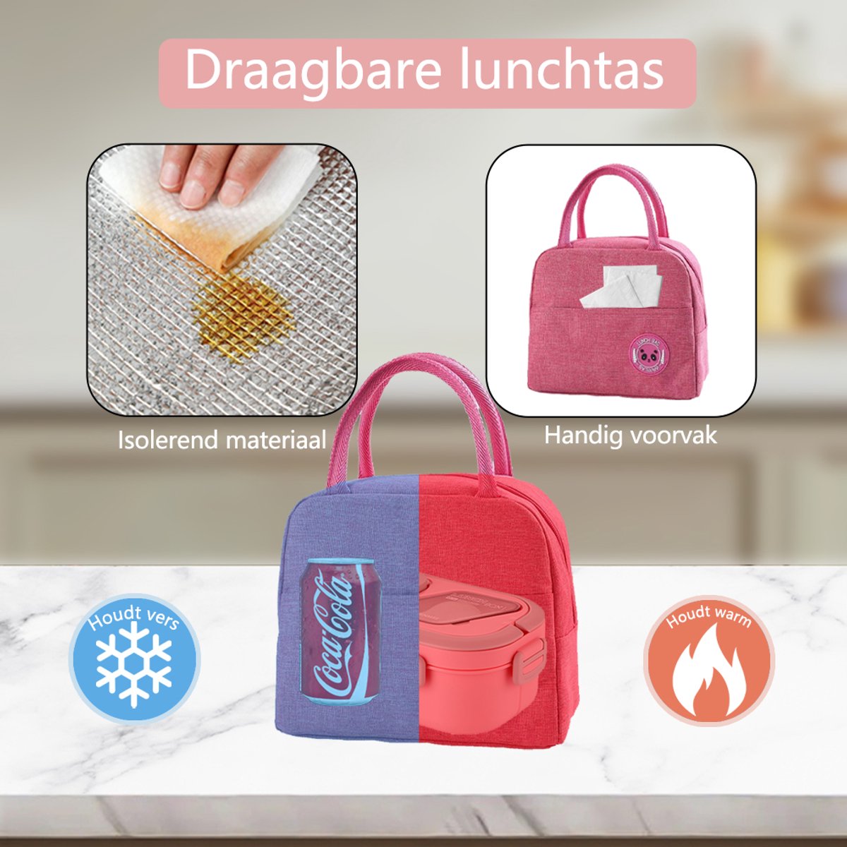 Lunchbox Set 1200+600ml voor Vaatwasser & Magnetronbestendig - Yoghurt en Muesli beker to go - broodtrommel met sausbox en bestek - Lunchpot met Isolerende Draagtas -Bento box voor volwassenen en kinderen - Voor Werk, School, Picnic - Roze — afbeelding 4