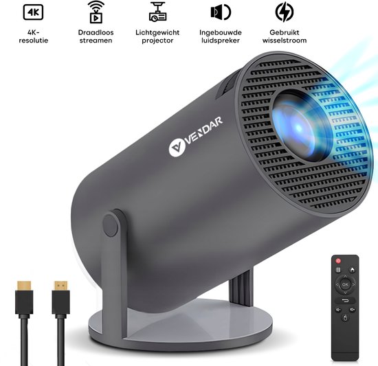 Vendar® YA350 Pro Mini Beamer 2025 – 350 ANSI Lumen – Smart Projector met 4K-ondersteuning – Geïntegreerd Android 14 – WiFi 6 & Bluetooth 5.4 – Voor iOS & Android – Thuisbioscoop – Zwart