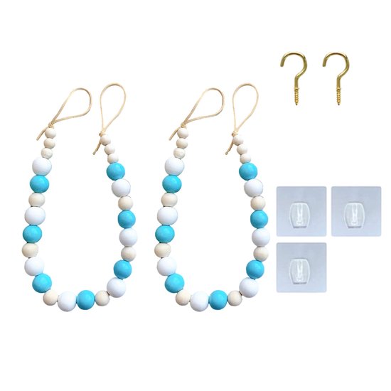 Deux chaînes de perles en bois bleues et blanches, avec crochets et autocollants.