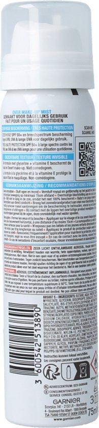 Garnier Ambre Solaire Over Make-up Super UV Mist Gezicht SPF50 - met Glycerine, Vitamine E en Hyaluronzuur – Beschermt & Fixeert Make-up - Skizonnebrandcreme - 75ml