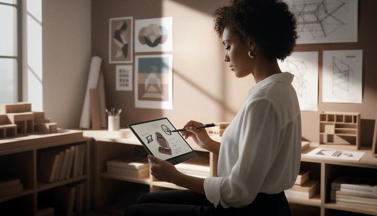 Vrouw met afro-kapsel tekent op een zwart BOOX Note Air e-ink scherm in een lichte kamer.