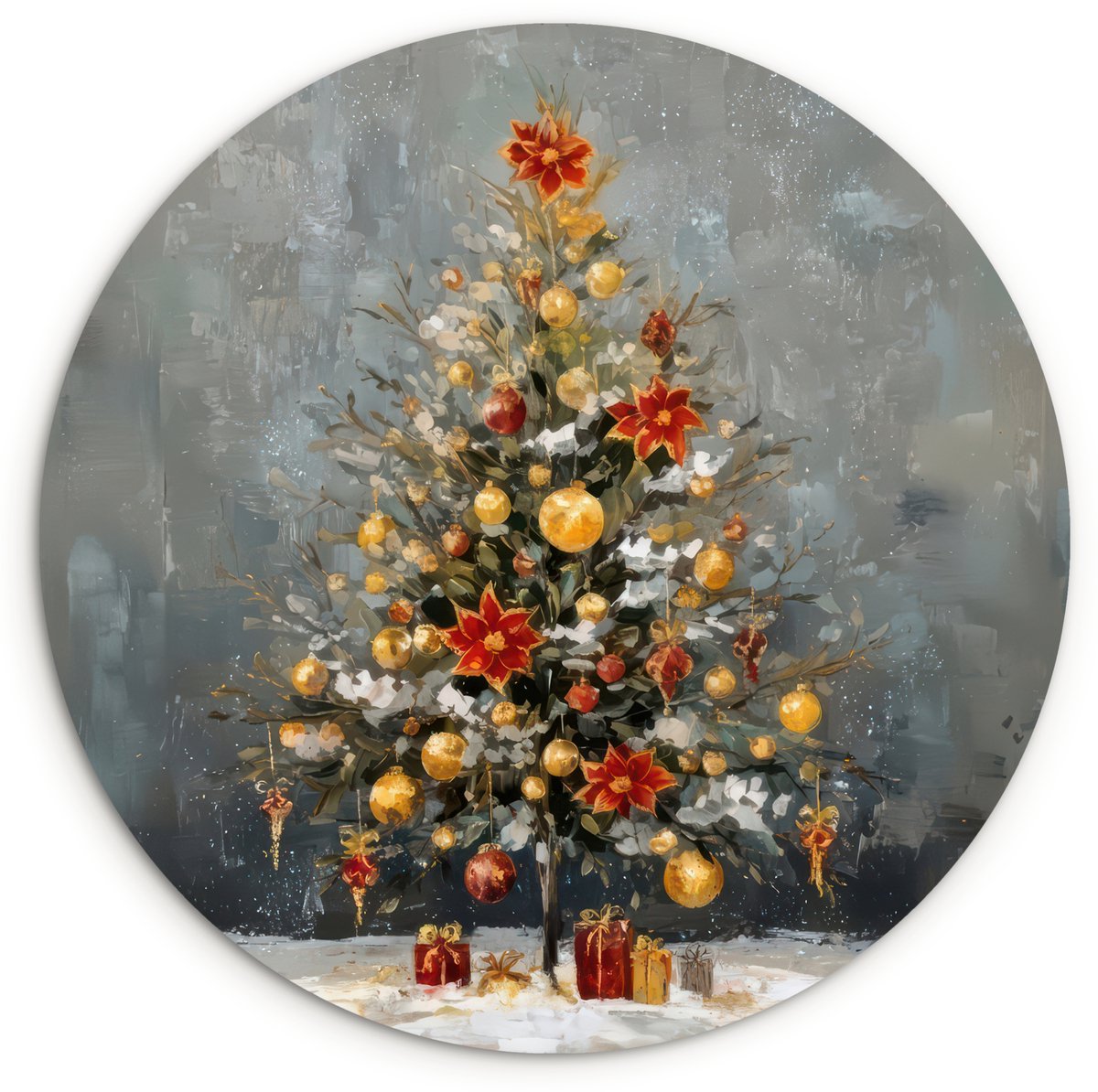 WallCircle Wandcirkel 120x120 cm - Muurcirkel Kerstboom - Cadeaus - Rood - Goud - Muurdecoratie woonkamer - Wanddecoratie slaapkamer - Kamer decoratie accessoires - Ronde schilderijen