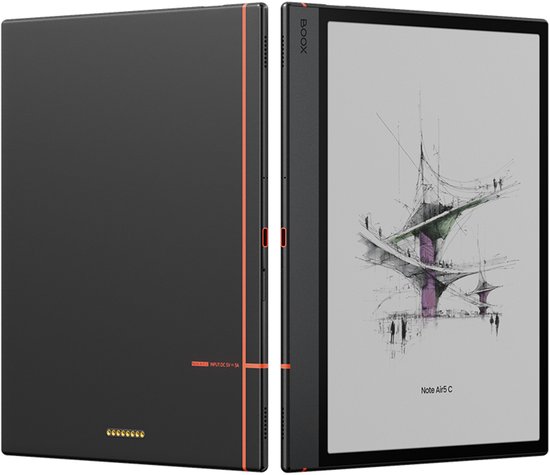 Zwarte BOOX Note Air5 C, voorkant toont schets, achterkant toont poorten.