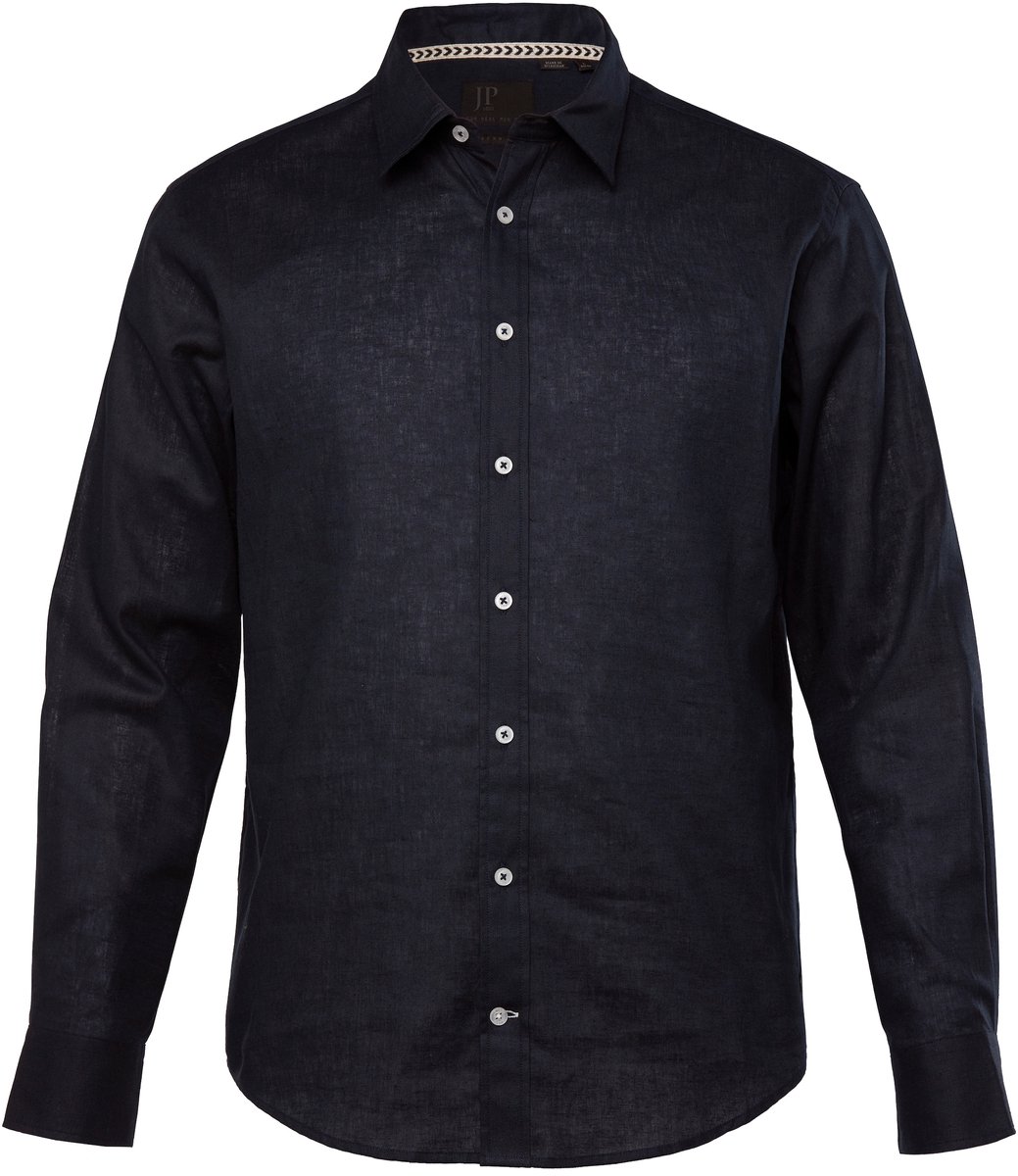 JP 1880 - Heren - Overhemd van linnenmix lange mouwen kentkraag moderne pasvorm - Navy blauw - Maat L