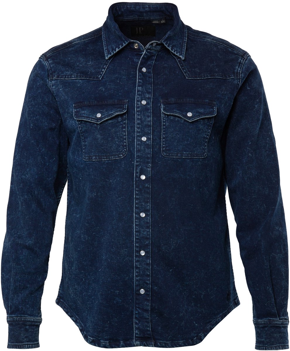 JP 1880 - Heren - Denim overhemd FLEXNAMIC® denim lange mouwen kentkraag - Donkerblauw denim - Maat 5XL