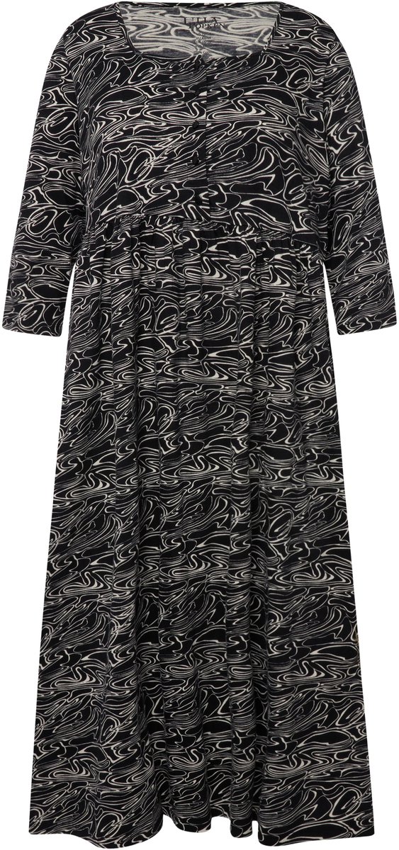 Ulla Popken Dames - Jersey jurk golven A-lijn carréhals 3/4-mouwen - Zwart - Maat 62+