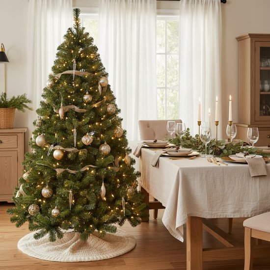Gedecoreerde kunstkerstboom met gouden ornamenten en warme LED-lampjes, naast een gedekte eettafel.
