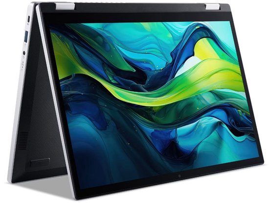 Zilverkleurige Acer Aspire 2-in-1 laptop, opengeklapt tot tabletmodus met een abstracte blauw-groene print op het scherm.