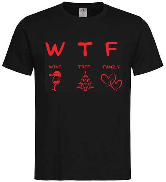 T-shirt unisexe Adultes « WTF Wrong Noël Christmas Vin Woman Funny Funny Text "WTF Wine Tree Family" » sur le devant | manche courte | Noir / rouge | taille L.