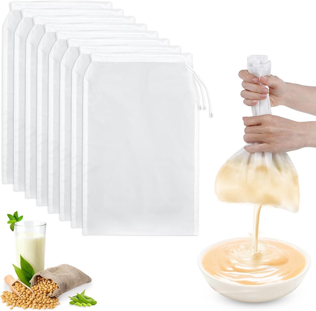 Filterzakken - Zeefdoek - Pak van 10 - 200 Mesh - Ultrafijn nylon gaas - 20x30cm - Voor notenmelk, sojamelk, sap, smoothies, groentesap - Voor kruidentheezakjes, zaadfiltering - Gemakkelijk te reinigen herbruikbare keukenfilterdoek