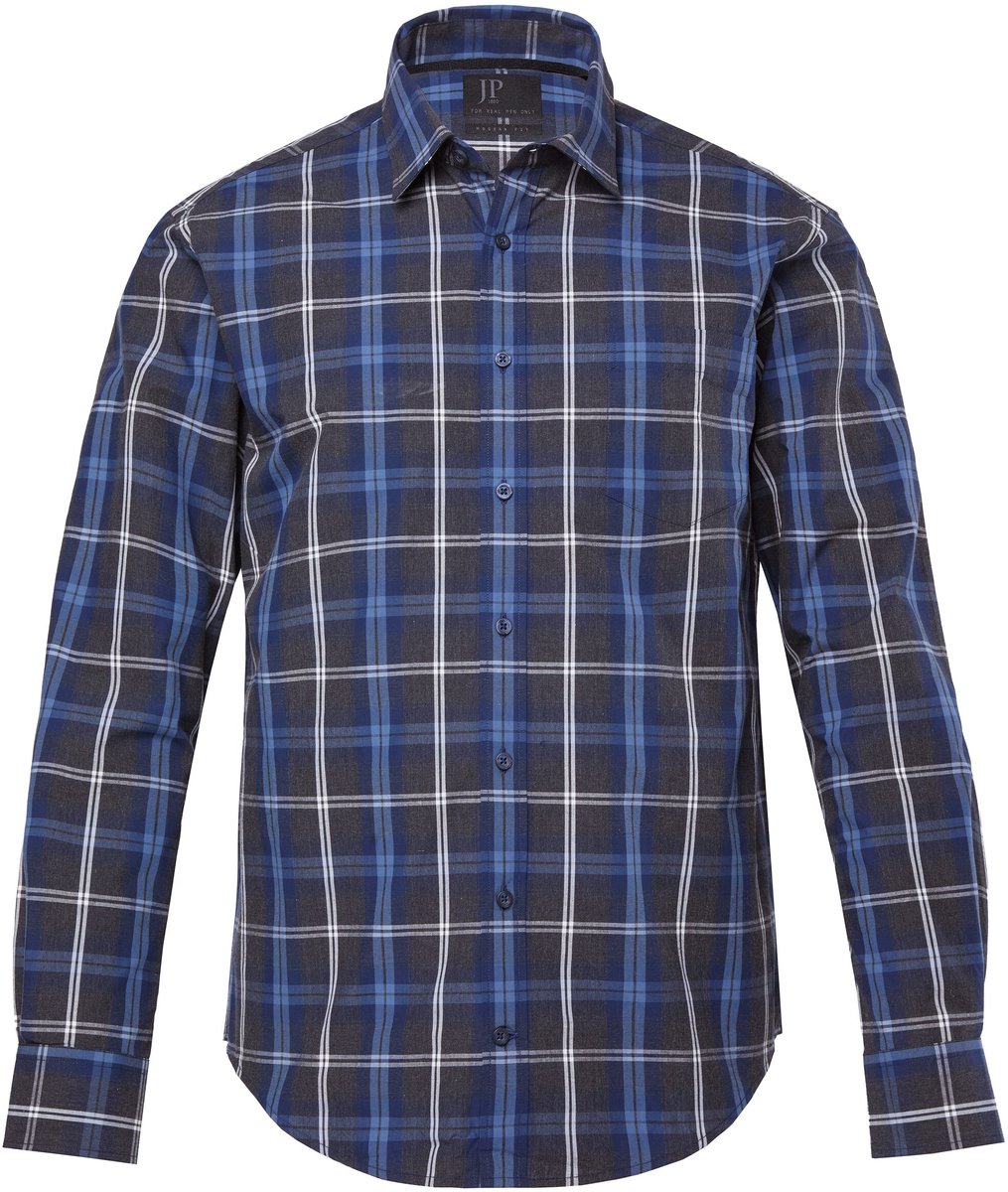 JP 1880 - Heren - Ruitenshirt lange mouwen kentkraag Modern-Fit - Antraciet - Maat 7XL
