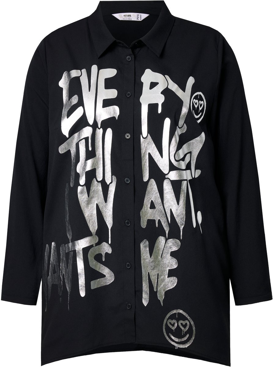 Angel of Style - Dames - Blouse A-lijn metallic tekst puntzoom - Zwart - Maat 48