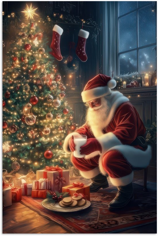 Poster 60x90 cm - Kerstman - Haard - Donker - Posters - Kamer decoratie - Wanddecoratie woonkamer - Muurdecoratie slaapkamer - Kerstversiering - Kerstdecoratie voor binnen - Kerstmis