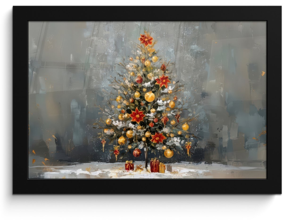 FrameYourWall Poster in lijst - Fotolijst 30x20 cm - Posters - Kerstboom - Cadeaus - Rood - Goud - Posterlijst zwart - Decoratie - Wanddecoratie woonkamer - Muurdecoratie slaapkamer - Kerstversiering - Kerstdecoratie voor binnen - Kerstmis