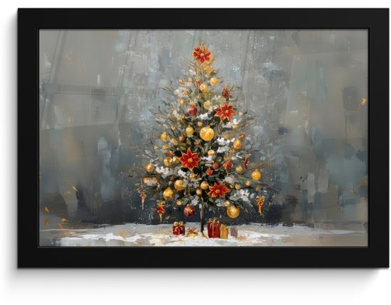 Poster in lijst - Fotolijst 30x20 cm - Posters - Kerstboom - Cadeaus - Rood - Goud - Posterlijst zwart - Decoratie - Wanddecoratie woonkamer - Muurdecoratie slaapkamer - Kerstversiering - Kerstdecoratie voor binnen - Kerstmis