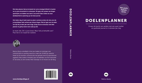 Boekomslag van 'Doelenplanner' in paars met tekst en een foto van de auteur.
