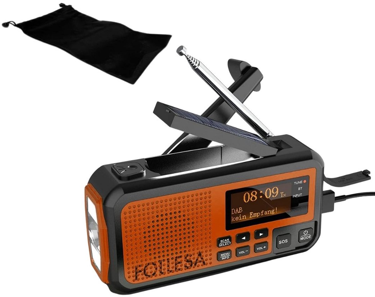 Bol.com FOLLESA® DAB-373BT Noodradio - Solar Powerbank - 5000mAh - DAB+/FM - Met waterdicht zakje - Noodradio - Opwindbare Survi... aanbieding