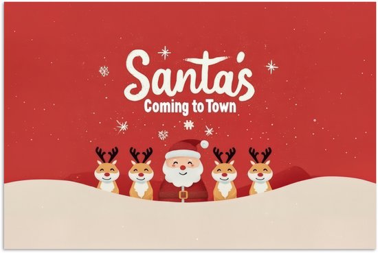 Poster 30x20 cm - Illustratie - Kerstman - Rendieren - Rood - Posters - Kamer decoratie - Wanddecoratie woonkamer - Muurdecoratie slaapkamer - Kerstversiering - Kerstdecoratie voor binnen - Kerstmis