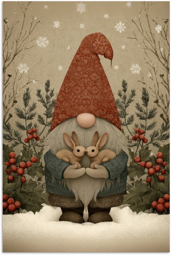 Poster 60x90 cm - Kerstgnome - Konijntjes - Kleurrijk - Posters - Kamer decoratie - Wanddecoratie woonkamer - Muurdecoratie slaapkamer - Kerstversiering - Kerstdecoratie voor binnen - Kerstmis