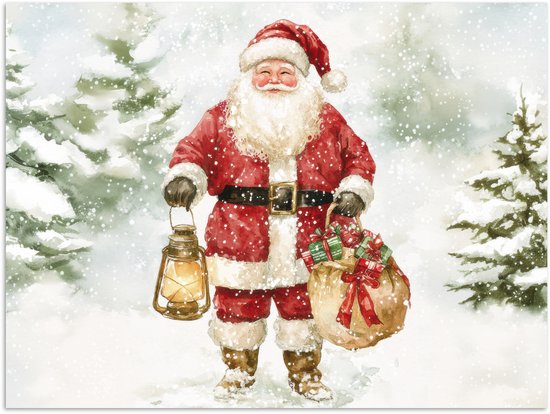 Poster 80x60 cm - Kerstman- Winter - Sneeuw - Wit - Rood - Posters - Kamer decoratie - Wanddecoratie woonkamer - Muurdecoratie slaapkamer - Kerstversiering - Kerstdecoratie voor binnen - Kerstmis
