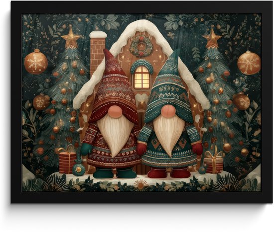 Poster in lijst - Fotolijst 40x30 cm - Posters - Kerst - Gnomen - Peperkoekhuisje - Rood - Groen - Posterlijst zwart - Decoratie - Wanddecoratie woonkamer - Muurdecoratie slaapkamer - Kerstversiering - Kerstdecoratie voor binnen - Kerstmis